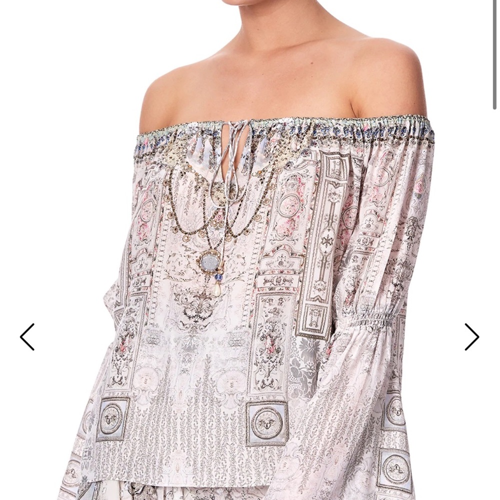 Camilla Crystal Castle Drop Sleeve Top Lace Bell Sleeves  L Silk Crystals nwot